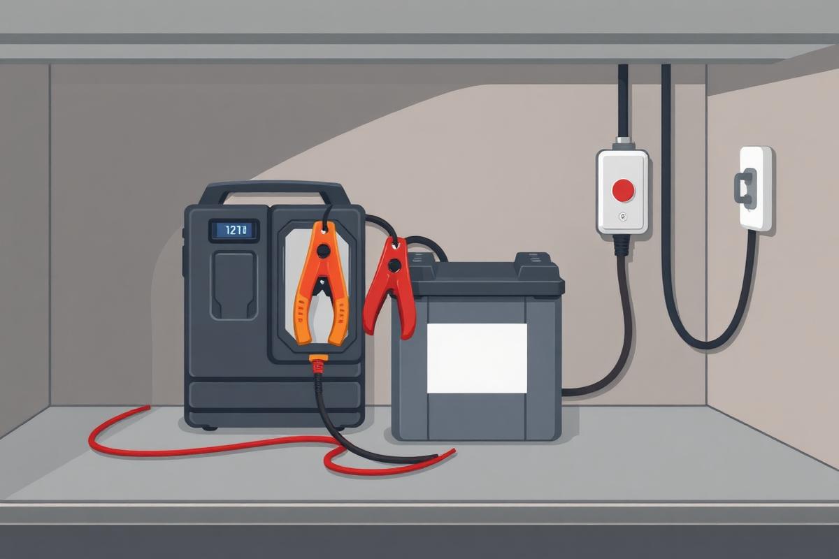 Battery charger clipped to a car battery in a workshop bay