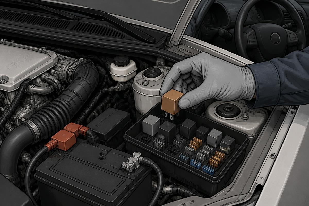 Fuse box with the fuel pump relay being removed to disable the engine