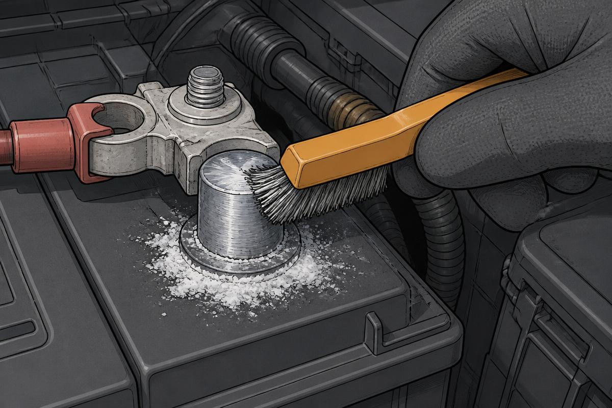 Terminal brush cleaning a battery post back to bright lead