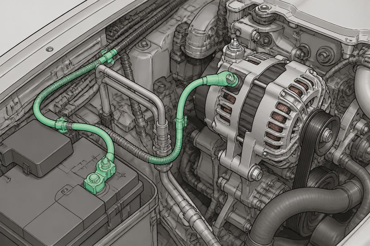 Engine bay with the alternator output cable traced from the B+ stud to the battery