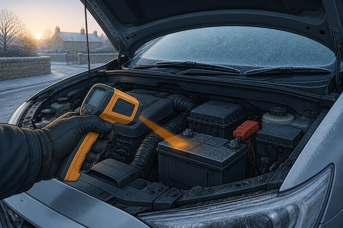 Frost covered car parked outside first thing in the morning before a cold battery test