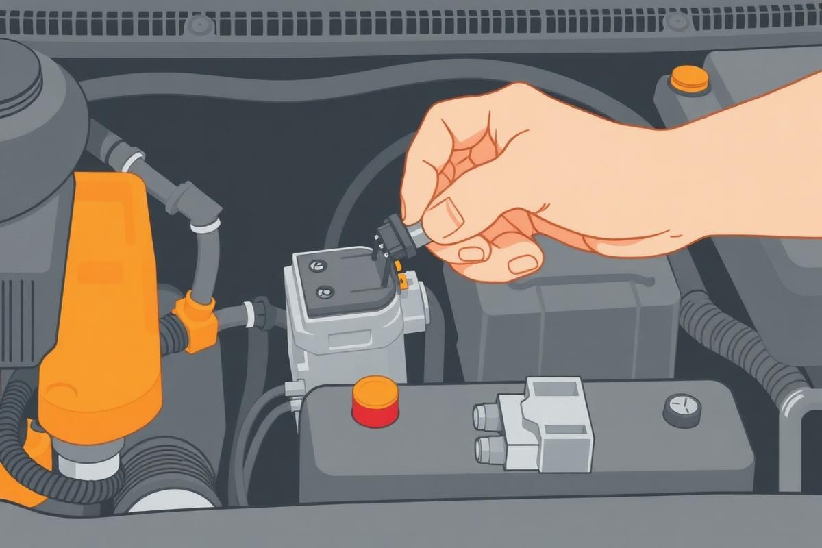 Technician unplugging a solenoid connector in an engine bay with the battery disconnected