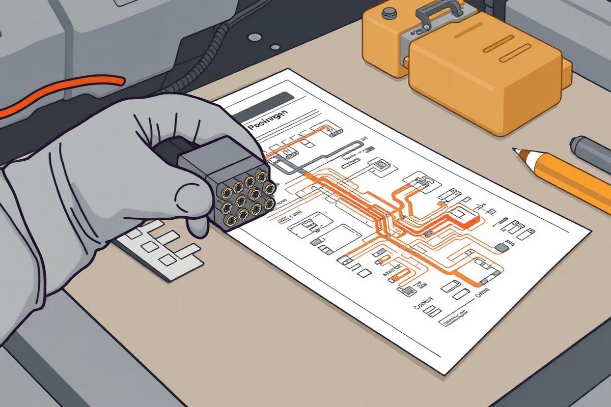 Unplugged automotive component connector held next to a printed wiring diagram