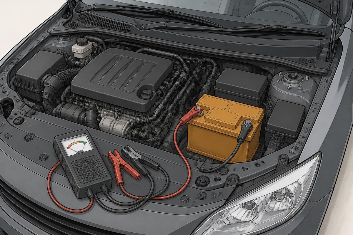 Technician inspecting a car battery case in an engine bay before load testing