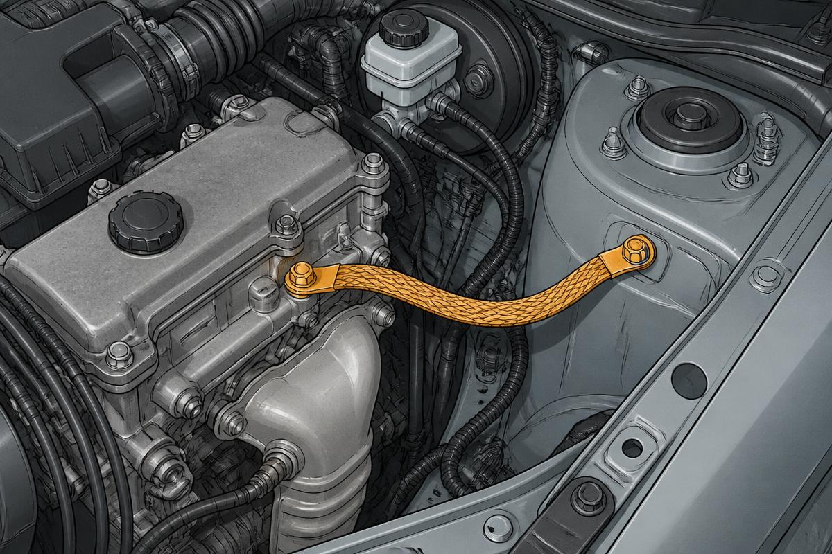 Engine bay with the main earth straps between engine, body and battery identified