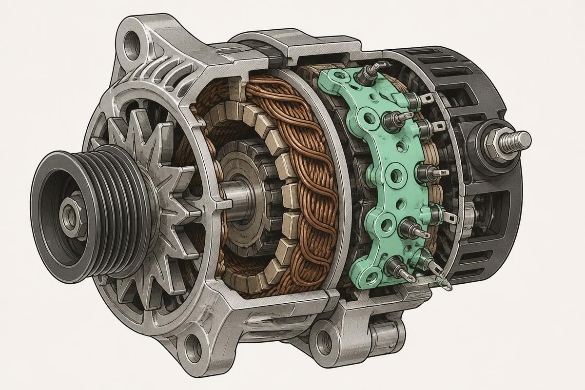Cutaway alternator showing the rectifier diode pack behind the stator windings