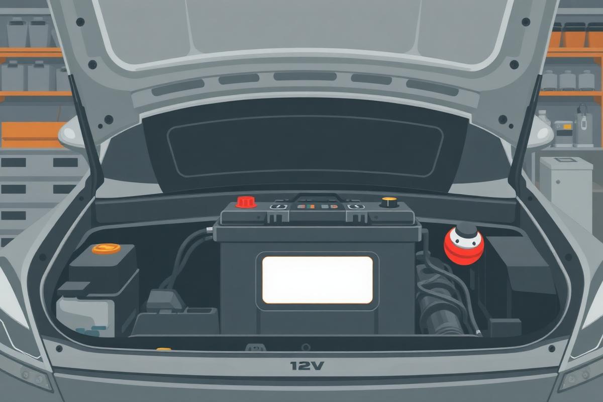 Car battery in an engine bay with the engine off and the bonnet propped open