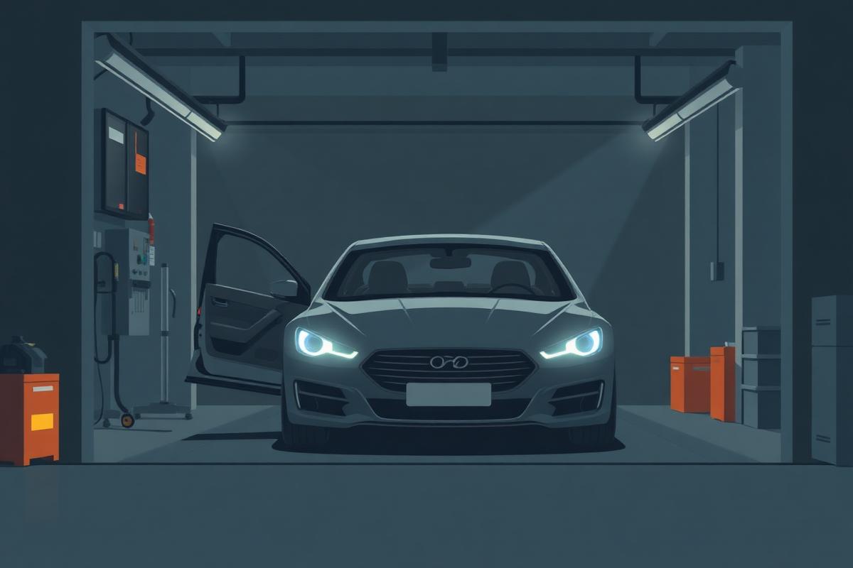 Parked car at night in a workshop with the doors closed and the interior lights off