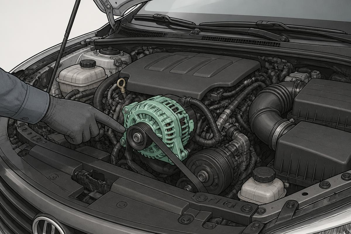 Engine bay with the alternator highlighted and the drive belt routed over its pulley