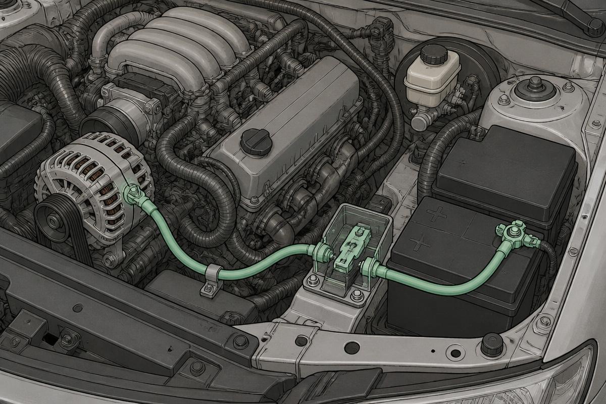 Engine bay with the charging circuit traced from alternator to fusible link to battery