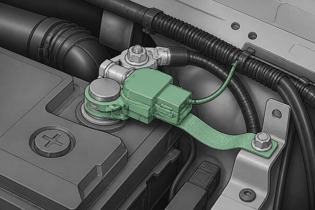 Intelligent battery sensor clamped to the battery negative post with its earth strap and LIN wire