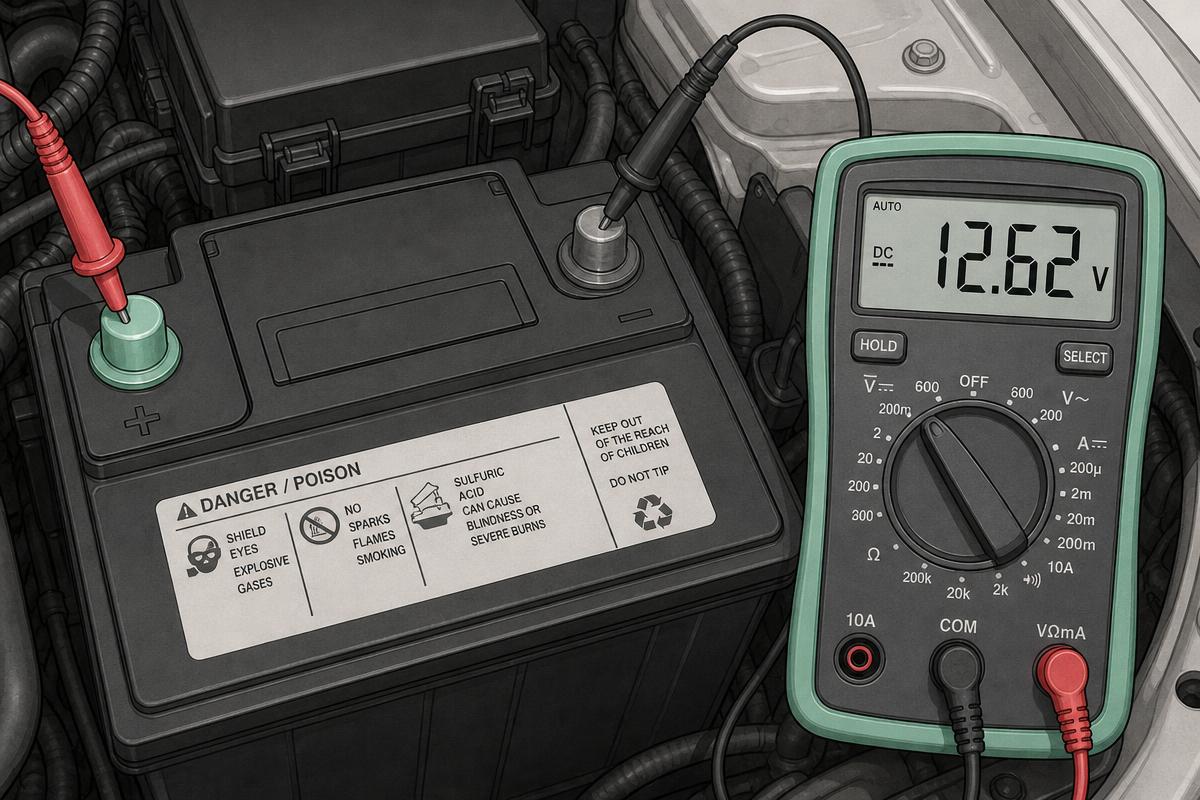 Multimeter probes on the battery posts showing resting voltage with the engine off