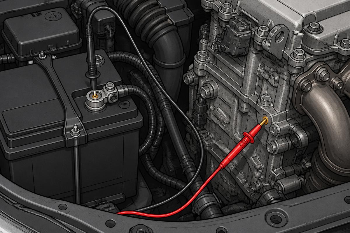 Long test leads measuring voltage drop from engine block to battery negative post