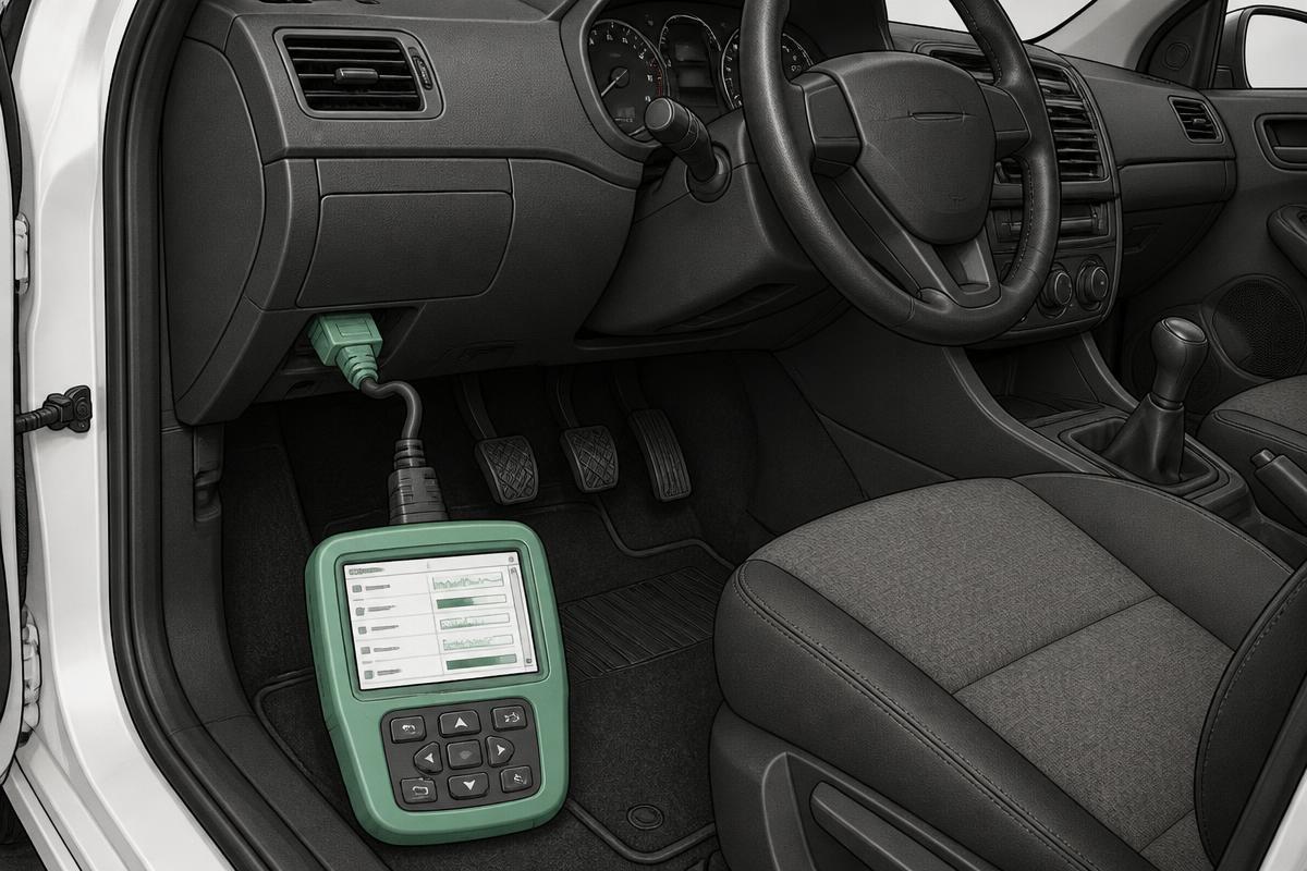 Diagnostic scan tool plugged into the OBD socket in a right-hand-drive car footwell