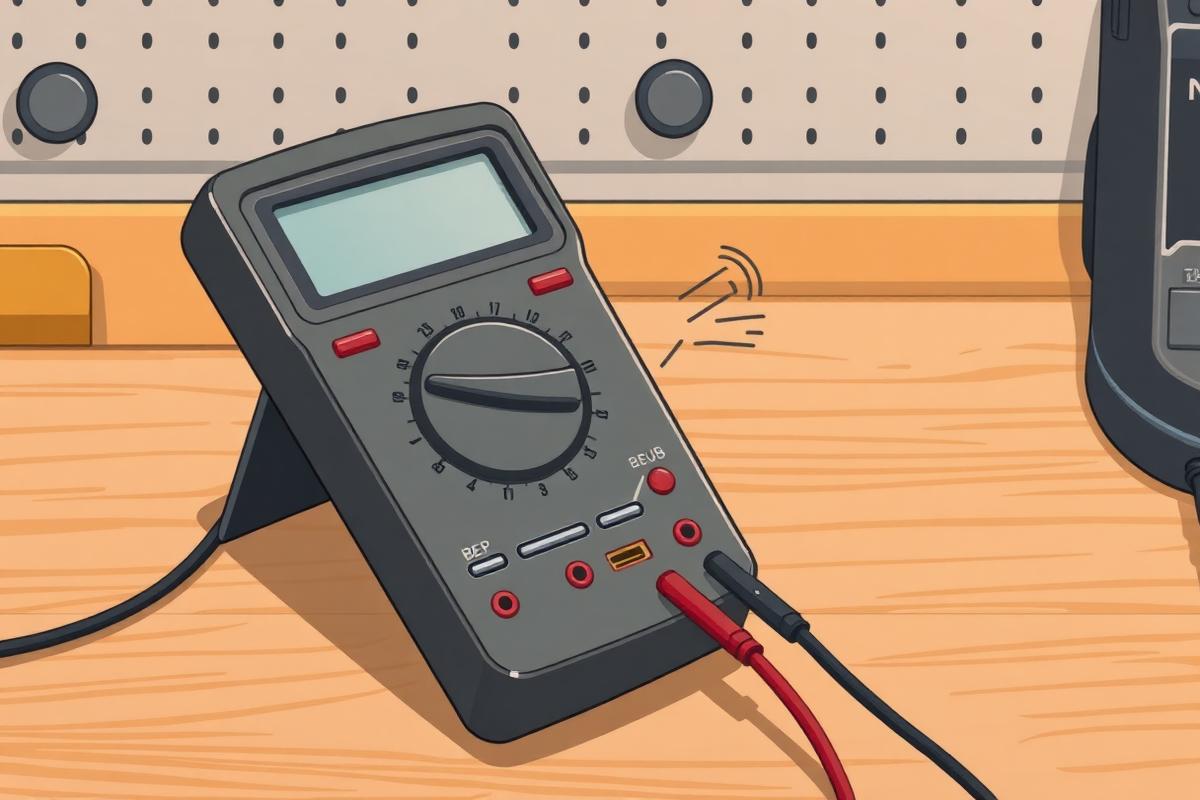 Multimeter dial on the continuity buzzer symbol with probes touching