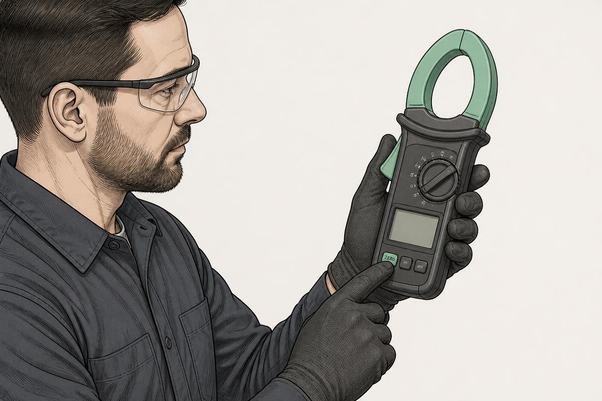 Technician zeroing an automotive amp clamp in free air before measuring