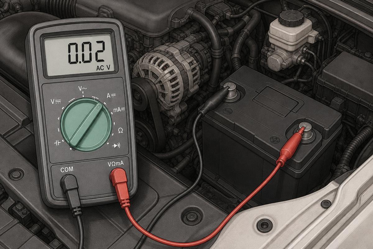 Multimeter set to AC volts clipped across a running vehicle's battery showing low ripple