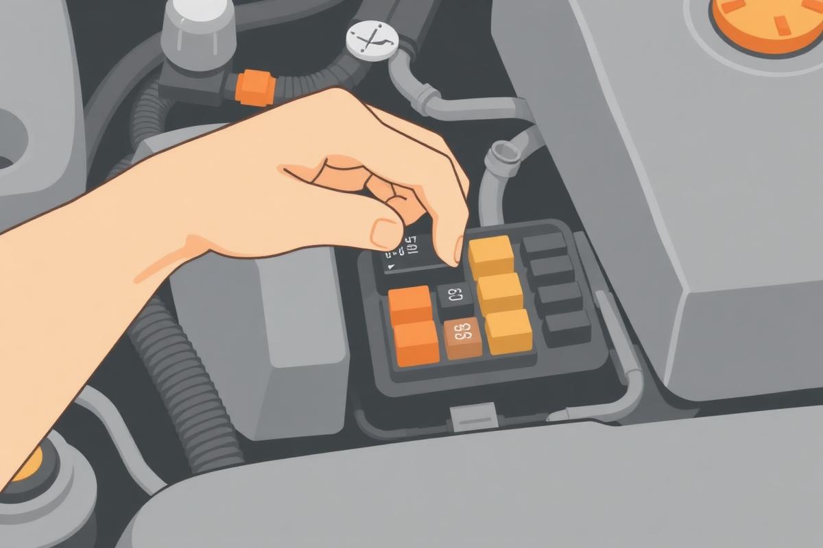 Hand removing the fuel pump relay from an engine bay fuse box