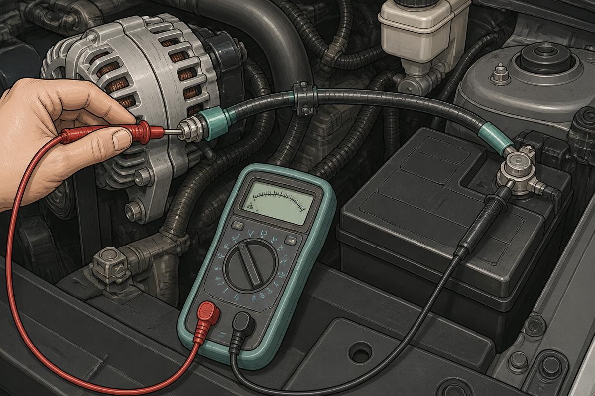 Red probe on the alternator B plus stud with a long black lead to the battery positive post