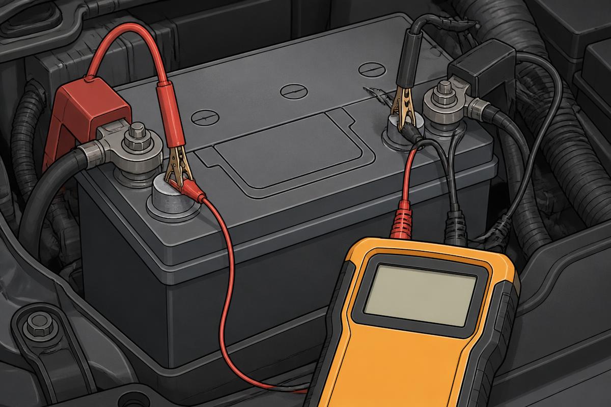 Conductance tester kelvin clamps attached to a battery