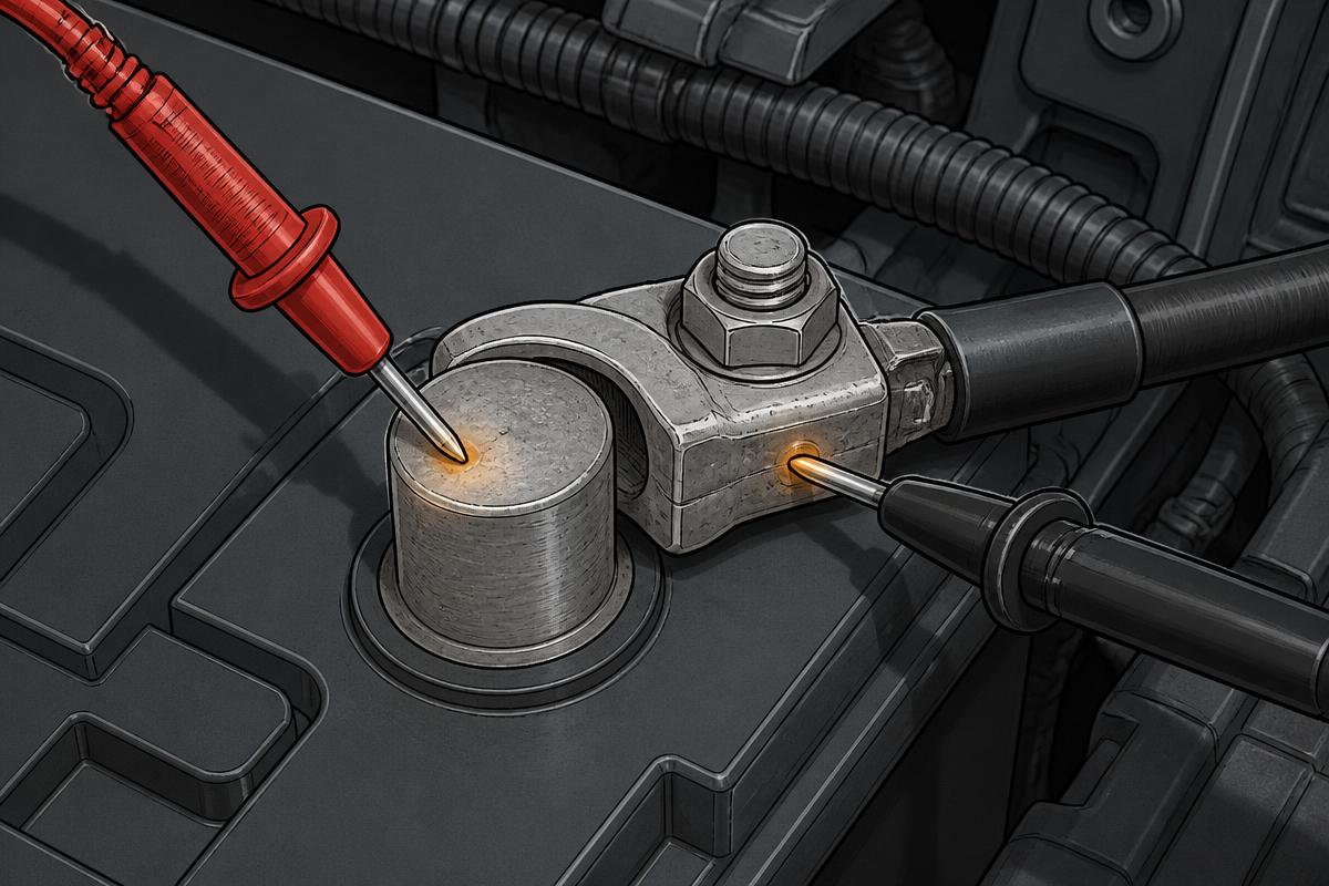 Meter probes either side of the positive post to clamp joint