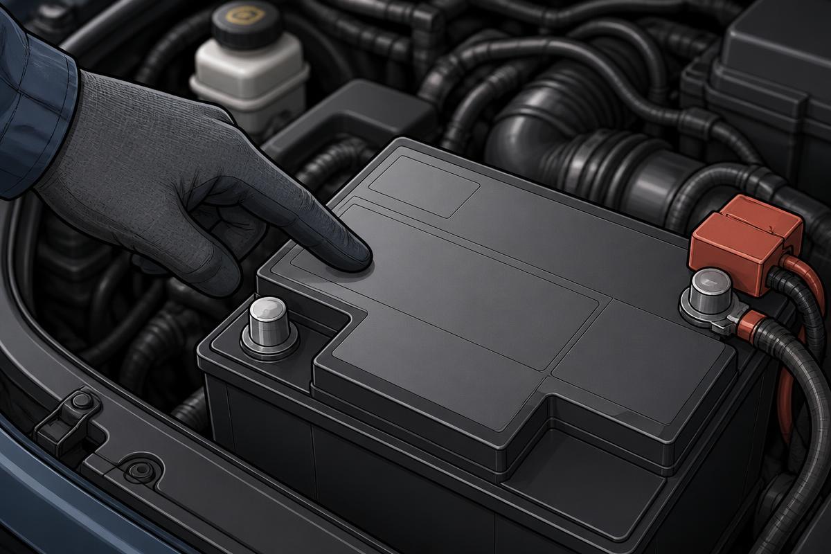 Battery label showing CCA rating next to a conductance tester keypad