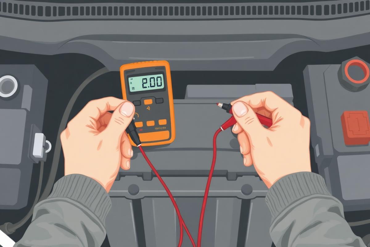 Meter probes held firmly on both battery posts ready for cranking