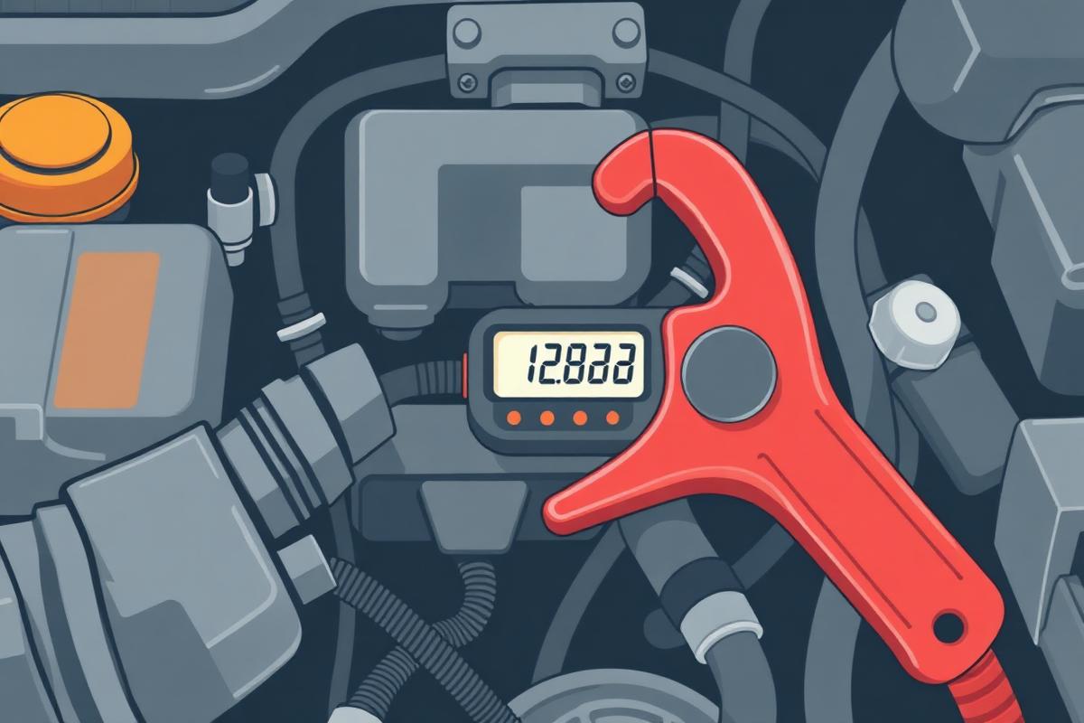 Clamp meter jaws closed around a single heavy starter feed cable
