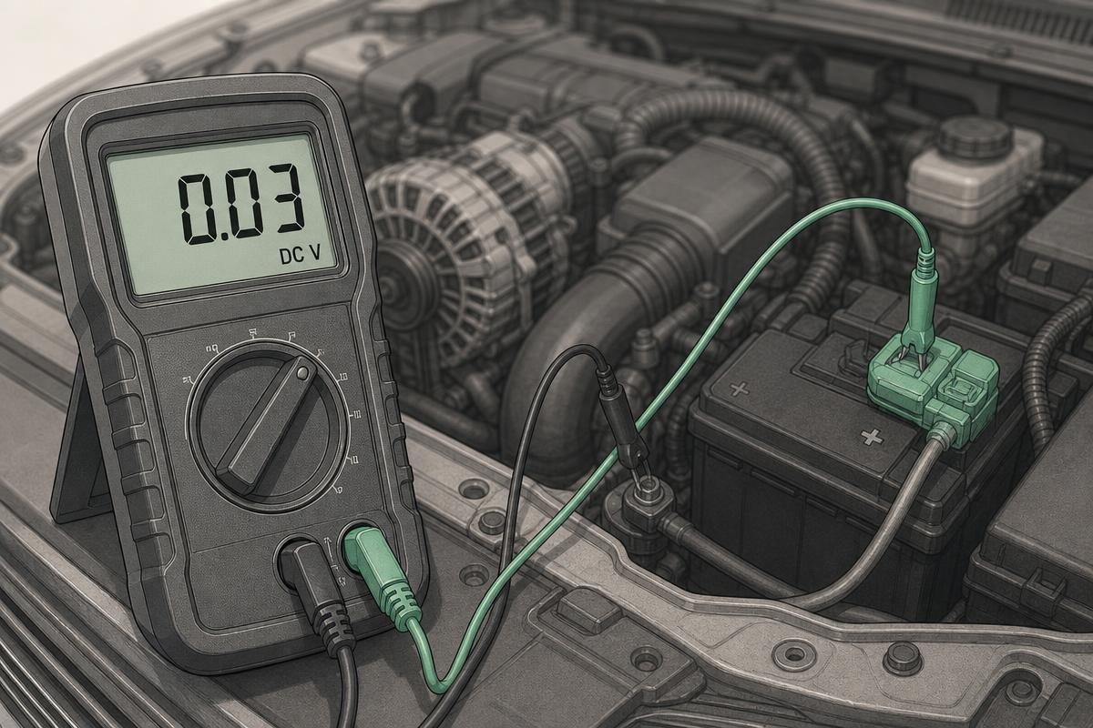 Multimeter showing a low voltage drop across the charging feed cable