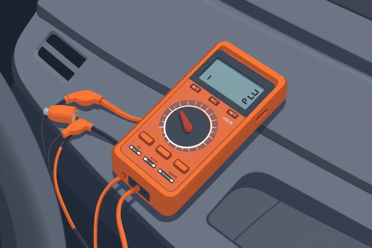Multimeter set to DC volts resting on an engine bay slam panel