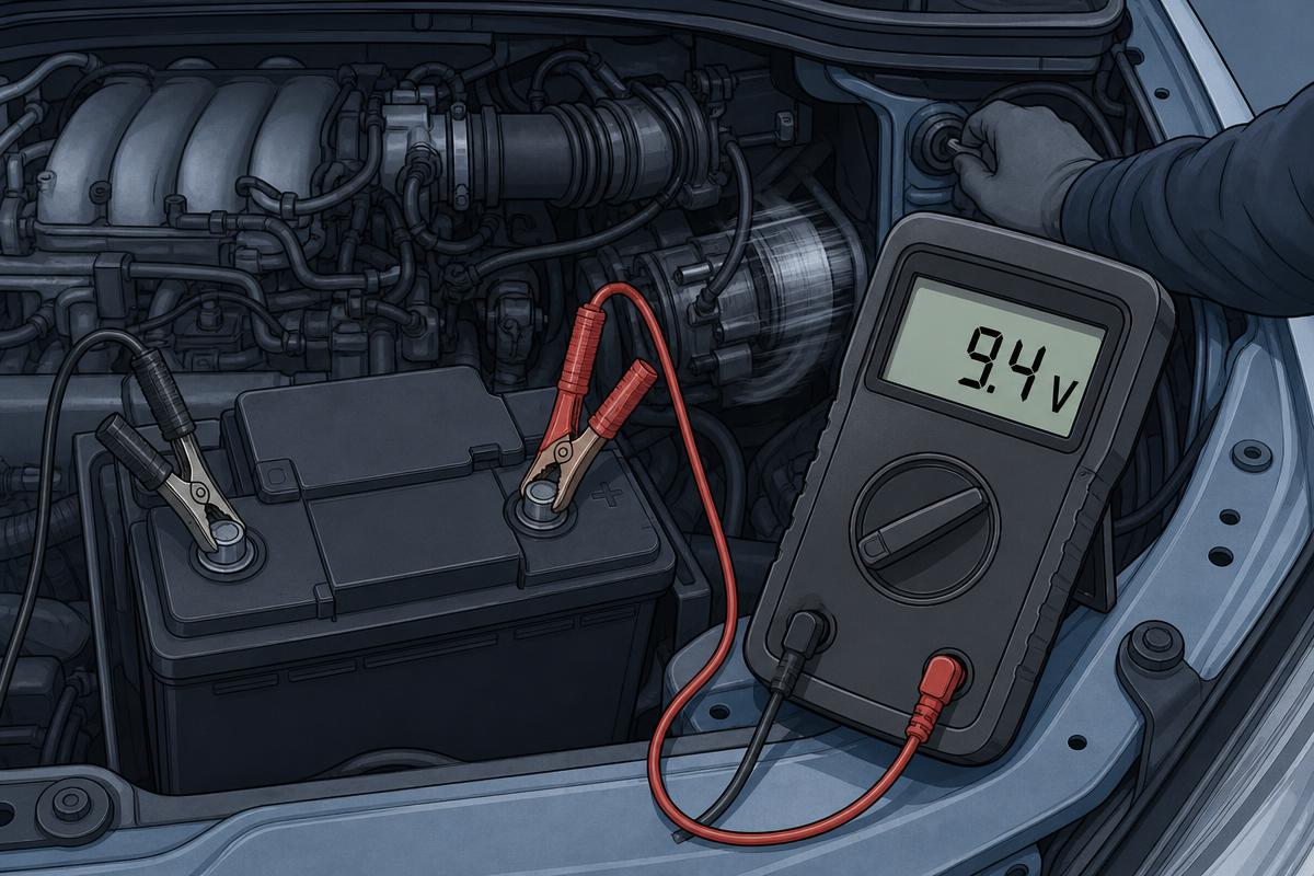 Crocodile clip leads on battery posts with a meter recording minimum cranking voltage