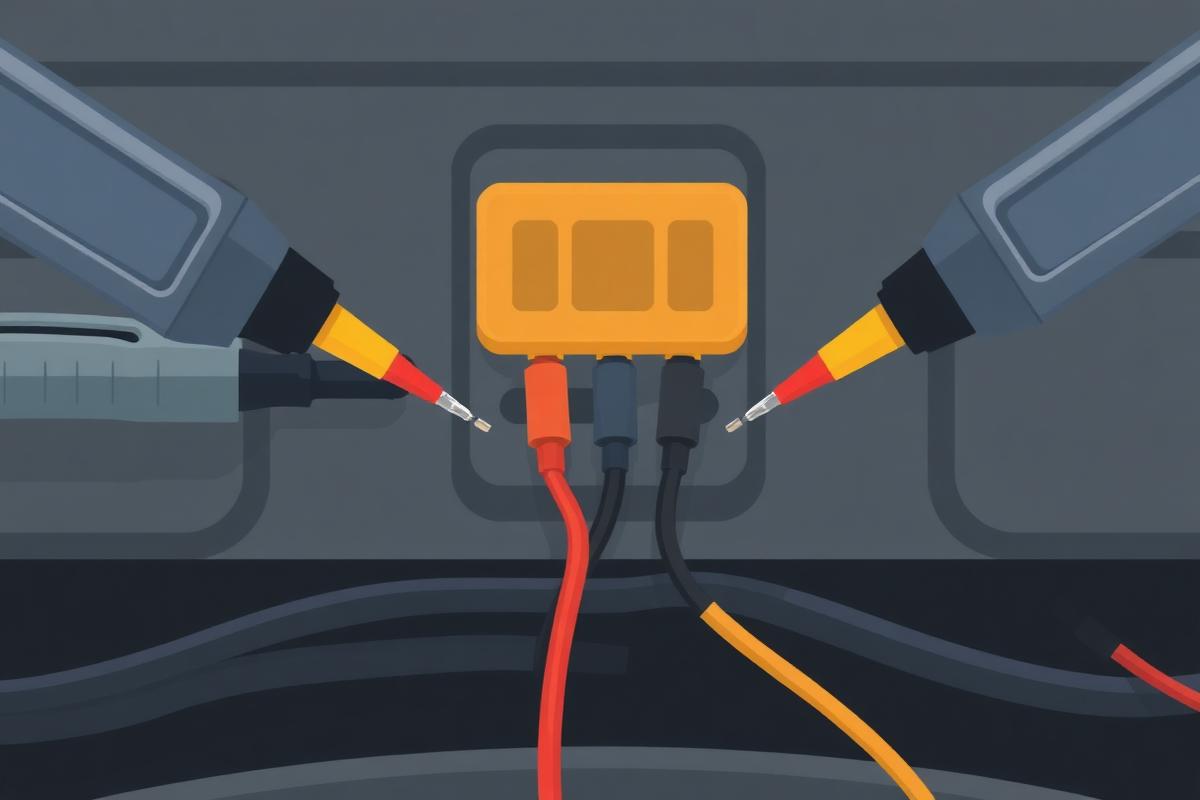 Meter probes backprobing both ends of a wiring harness connector on a car