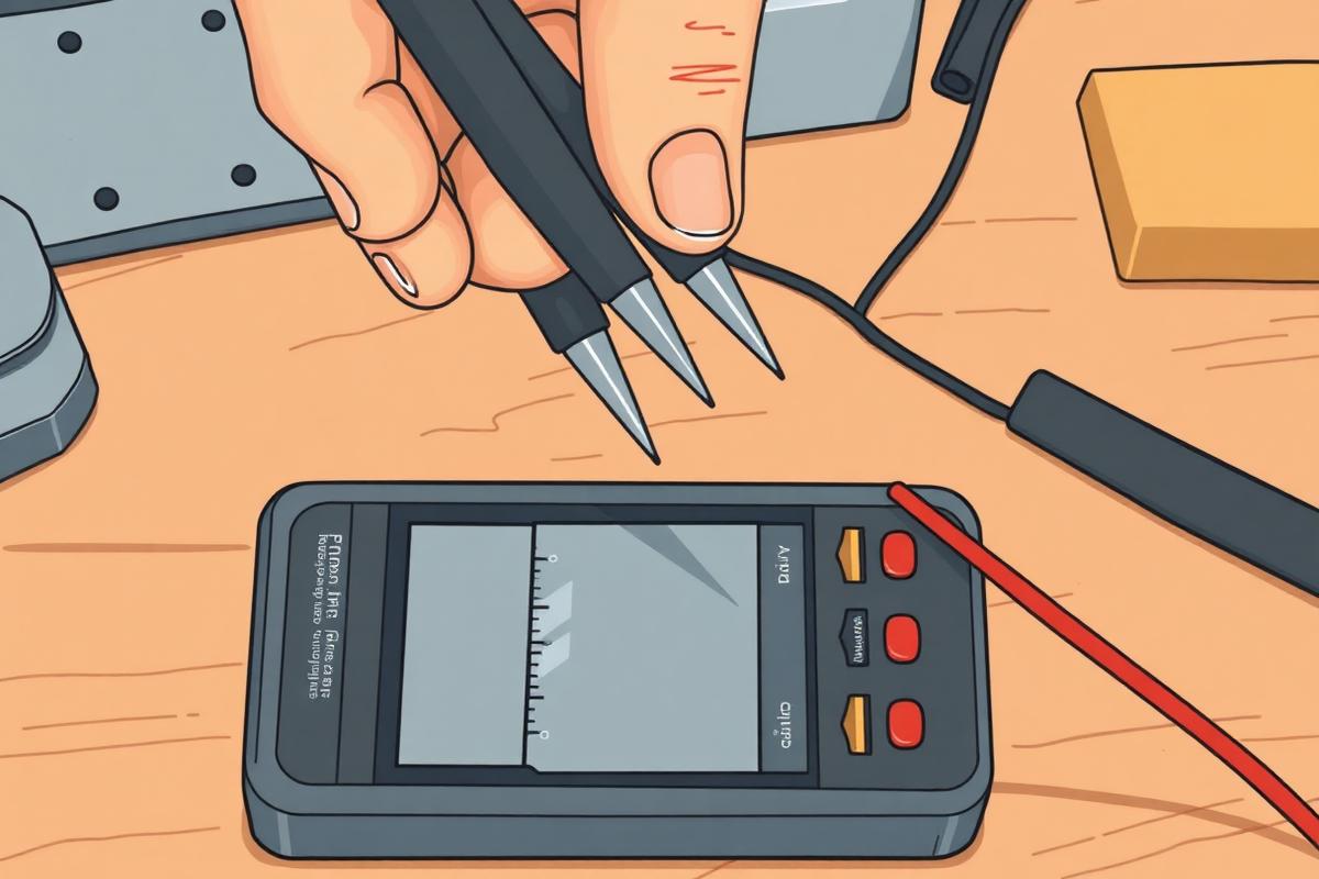 Meter probe tips touched together showing a small ohms reading