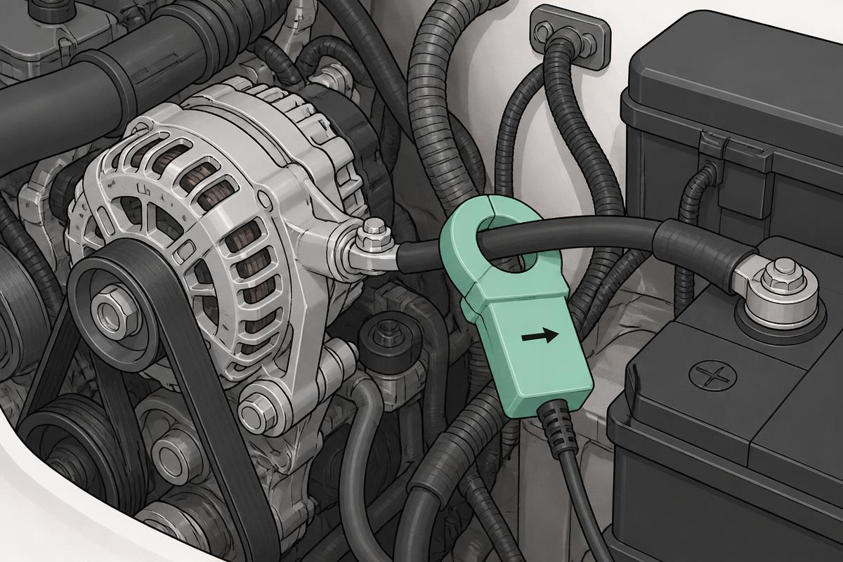 Amp clamp closed around the single alternator output cable in an engine bay