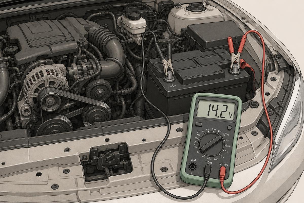 Crocodile clip leads on the battery posts and a meter showing charging voltage with the engine running