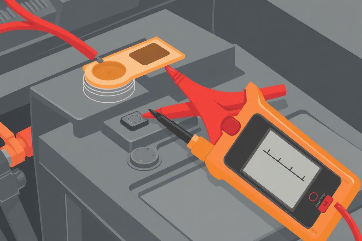 Jumper lead bridging a battery negative terminal and clamp with meter leads being inserted in series