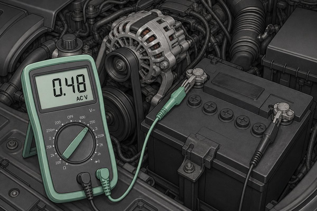 Multimeter showing high AC ripple voltage at the battery of a running vehicle