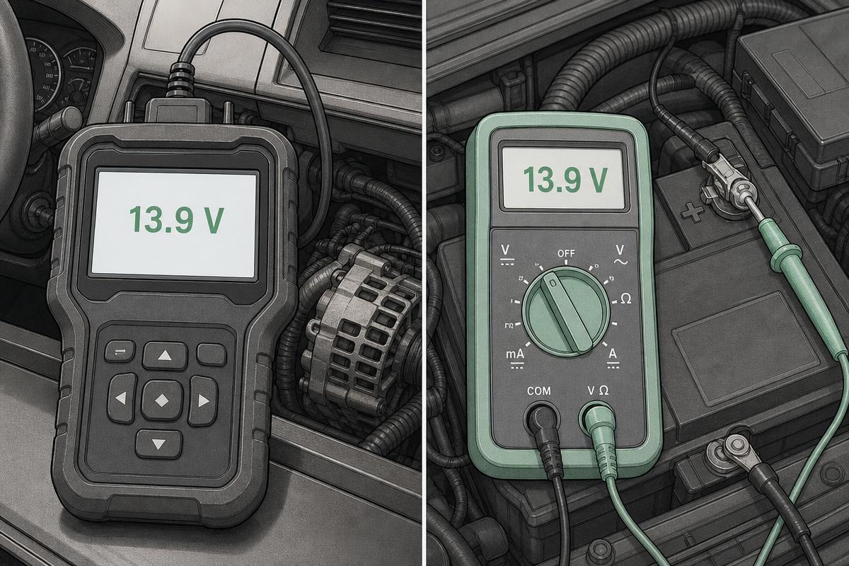 Scan tool reading and multimeter reading of battery voltage shown side by side