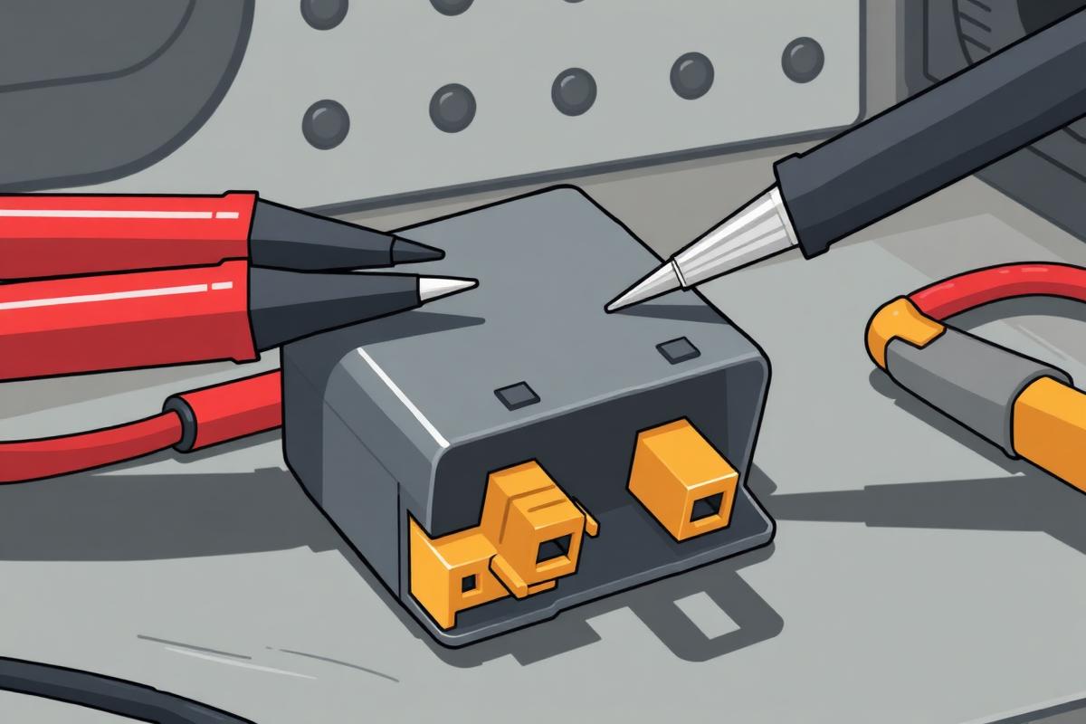 Both meter probes on the two terminals of a disconnected automotive solenoid