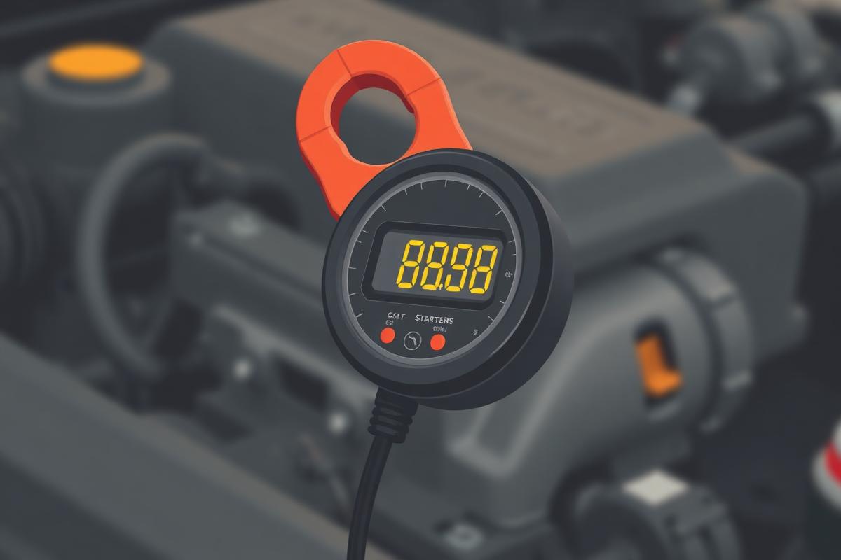 Clamp meter display showing around two hundred amps during cranking