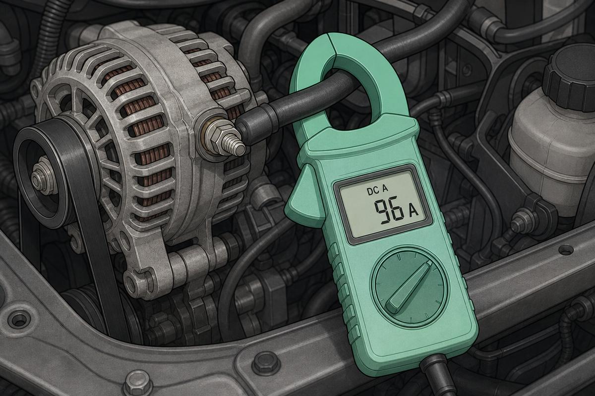 Amp clamp display showing alternator output current under load