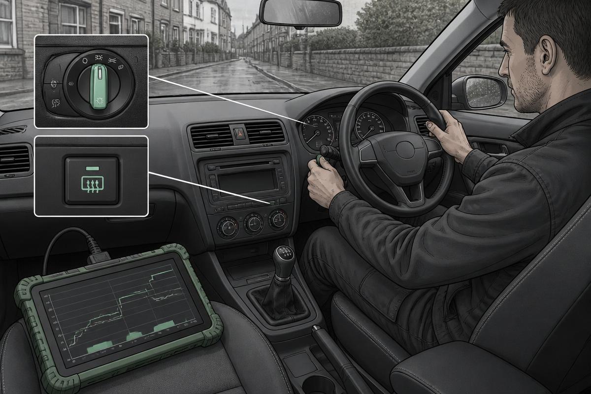 Driver switching on headlights and heated rear screen with a scan tool graphing charging voltage