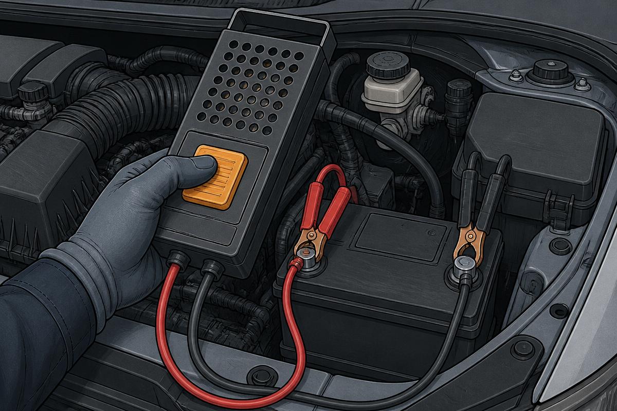 Carbon pile load tester dial being set while loading a vehicle battery