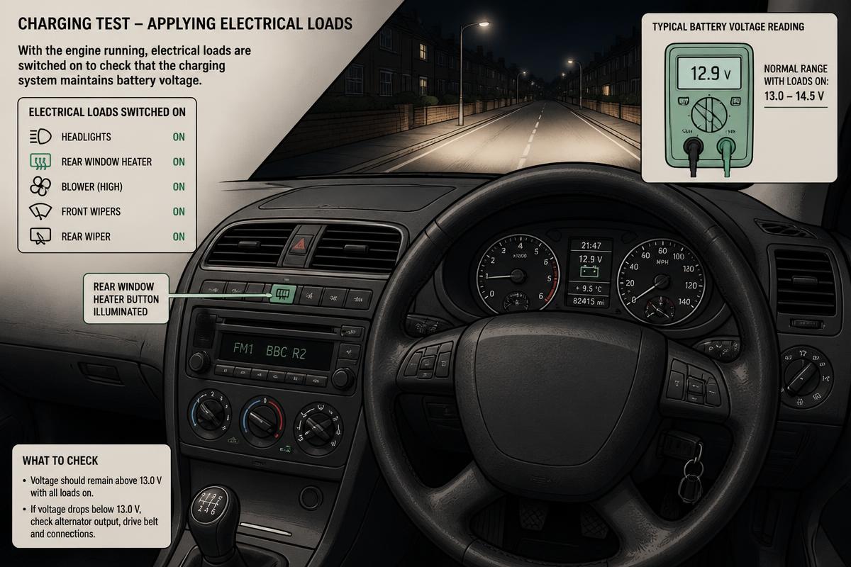 Right-hand-drive car interior with headlights and heated rear screen switched on during a charging test