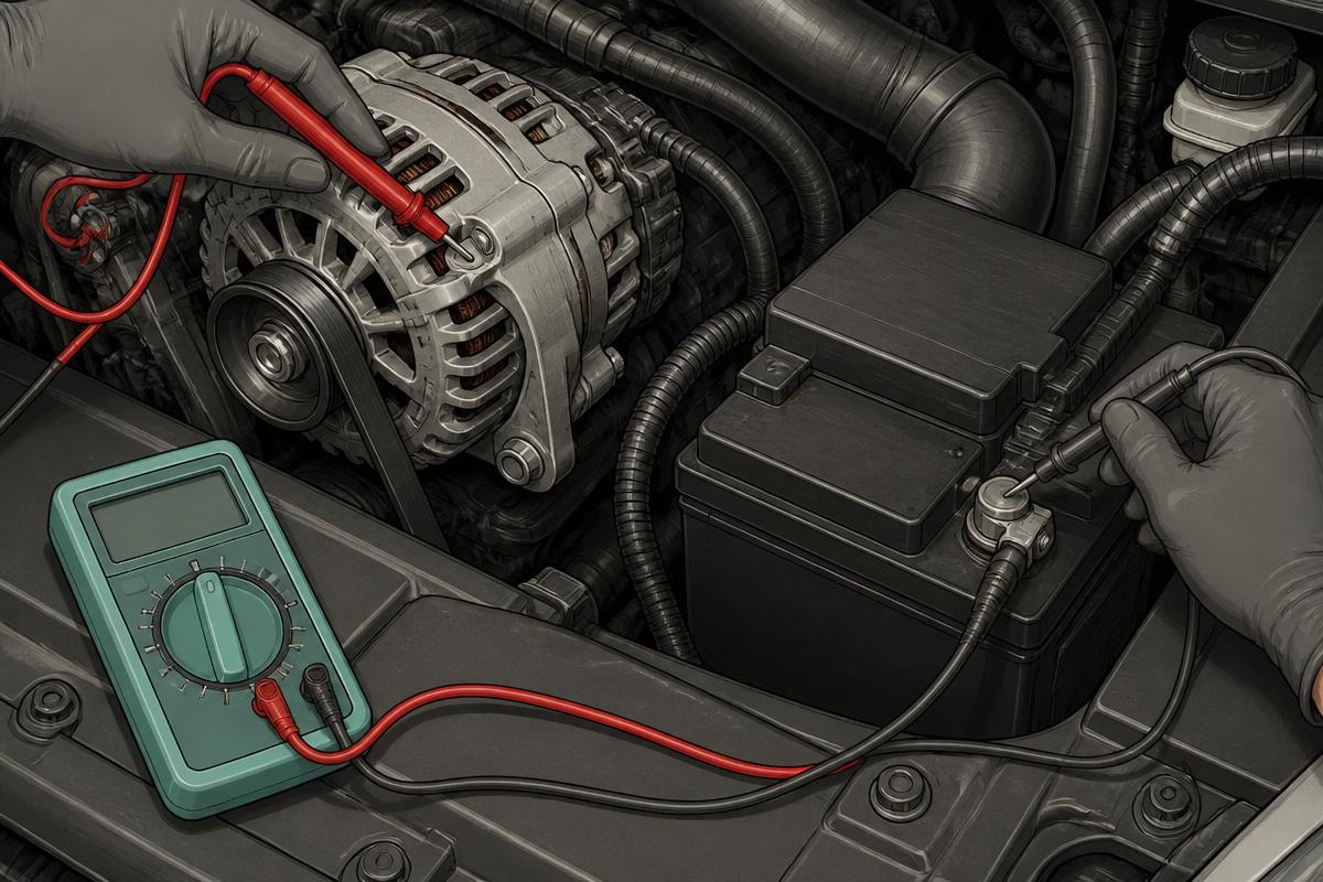 Probe on the alternator casing with a lead to the battery negative post measuring ground side drop