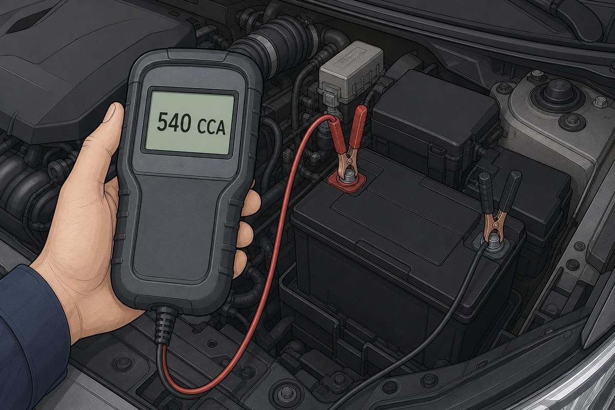 Conductance tester display showing measured CCA and state of health