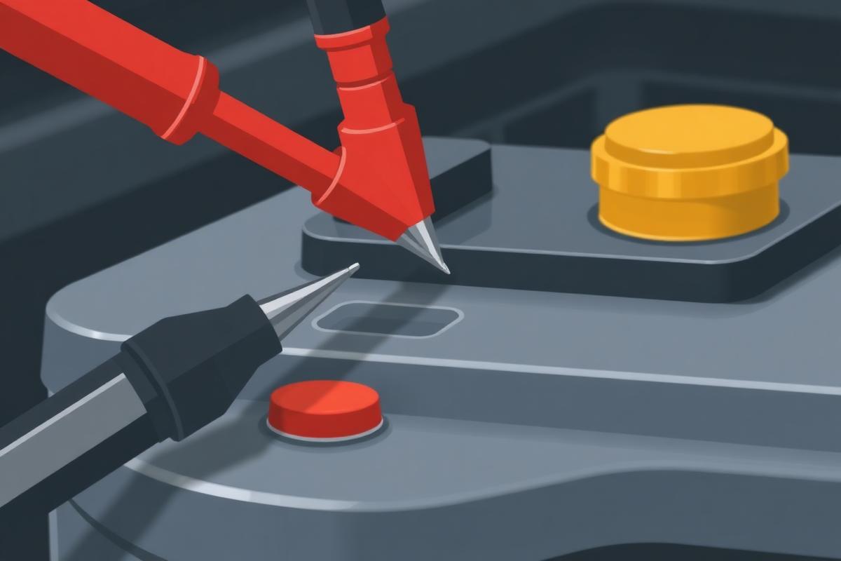 Red and black meter probes touching the positive and negative posts of a car battery