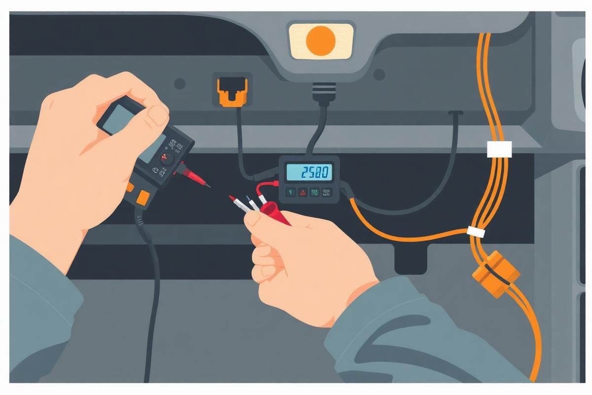 Technician testing a mid-harness connector to isolate a break in a car wiring run
