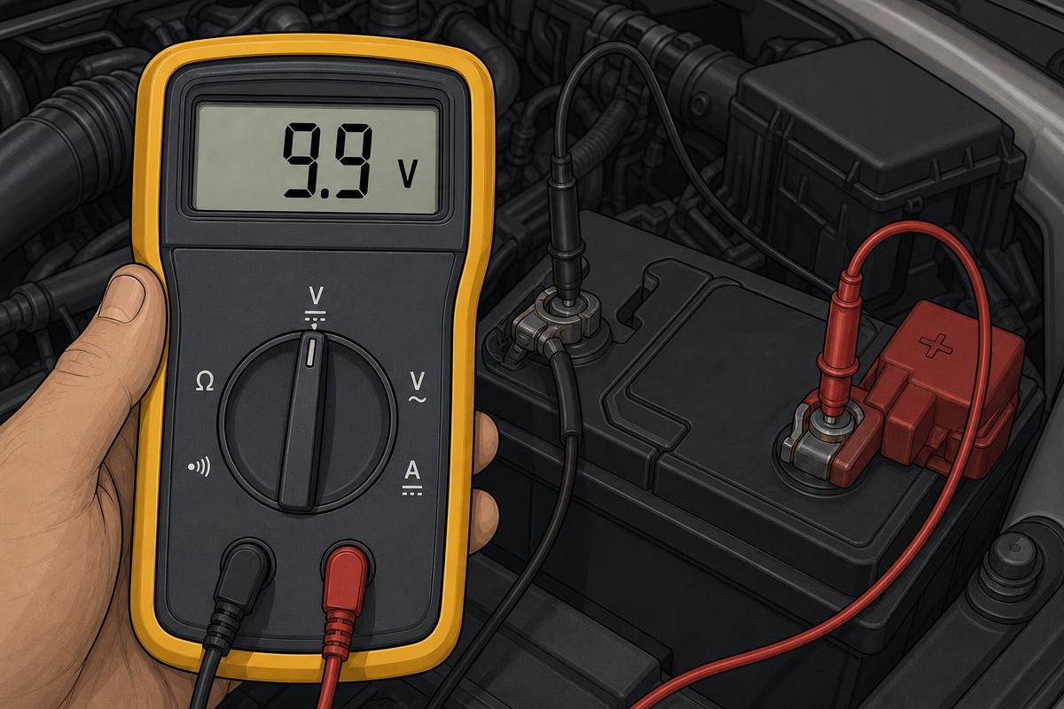 Meter showing battery voltage under load at the ten second mark