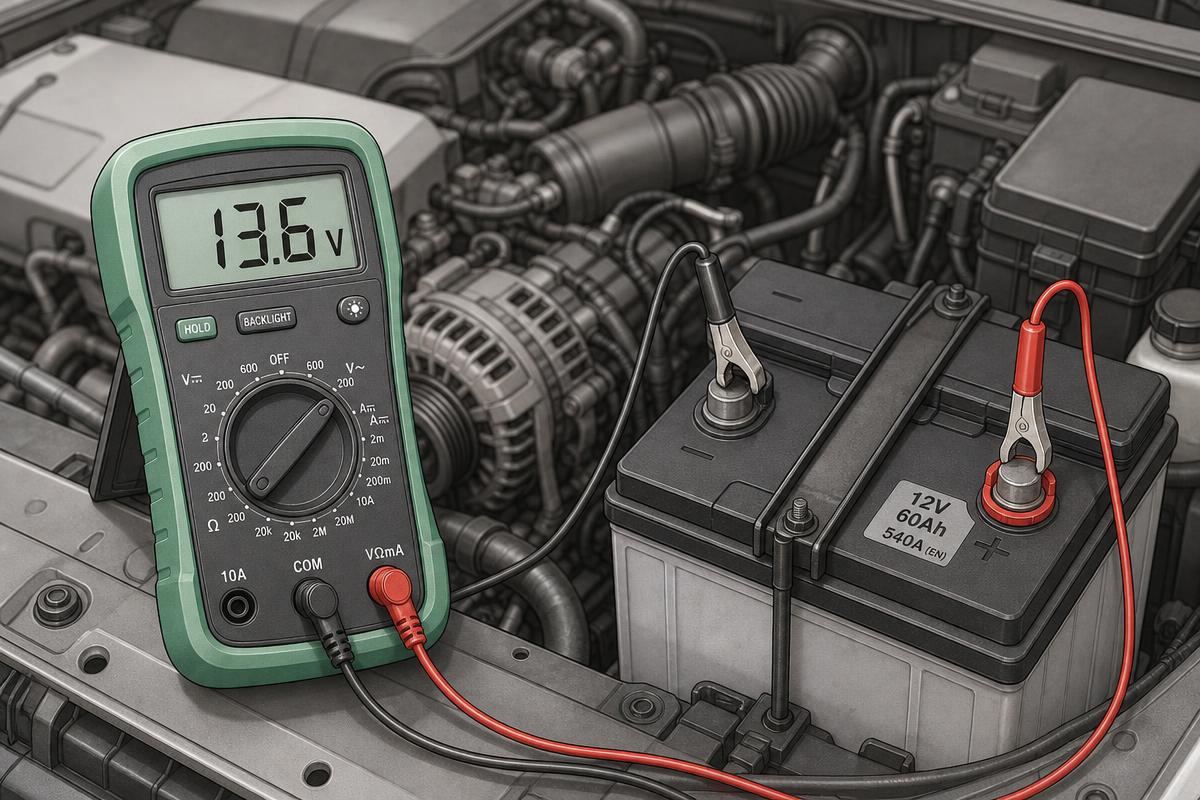 Meter clipped across the battery showing loaded charging voltage